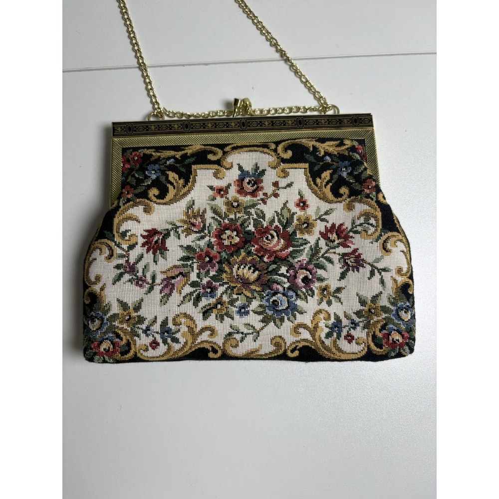 Vintage Floral Tapestry Handbag w/Gold Chain Strap Metal Frame Kiss Lock Closure